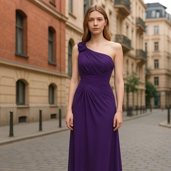 Davids Bridal Plum One Shoulder Chiffon Formal Bridesmaid Prom Dress Size 2 - Picture 15 of 15